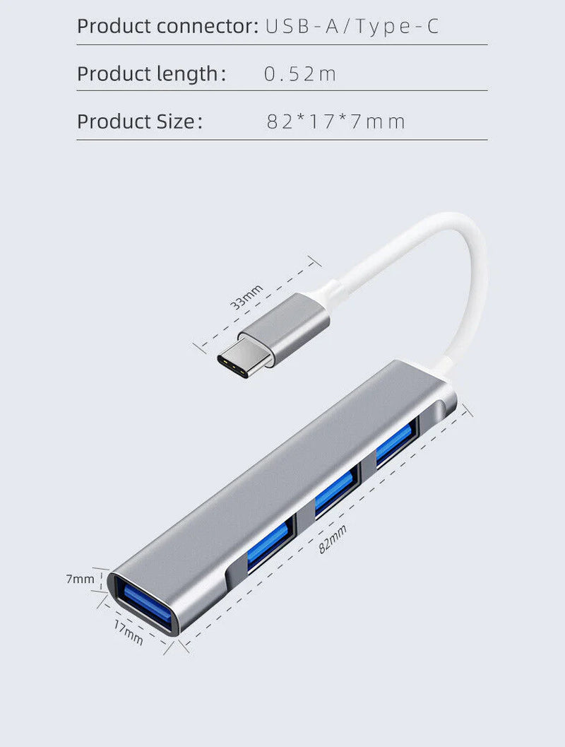 4-Port USB-C Hub Splitter for PC, Mac, iPad & MacBook Pro - USB 3.0 Connectivity