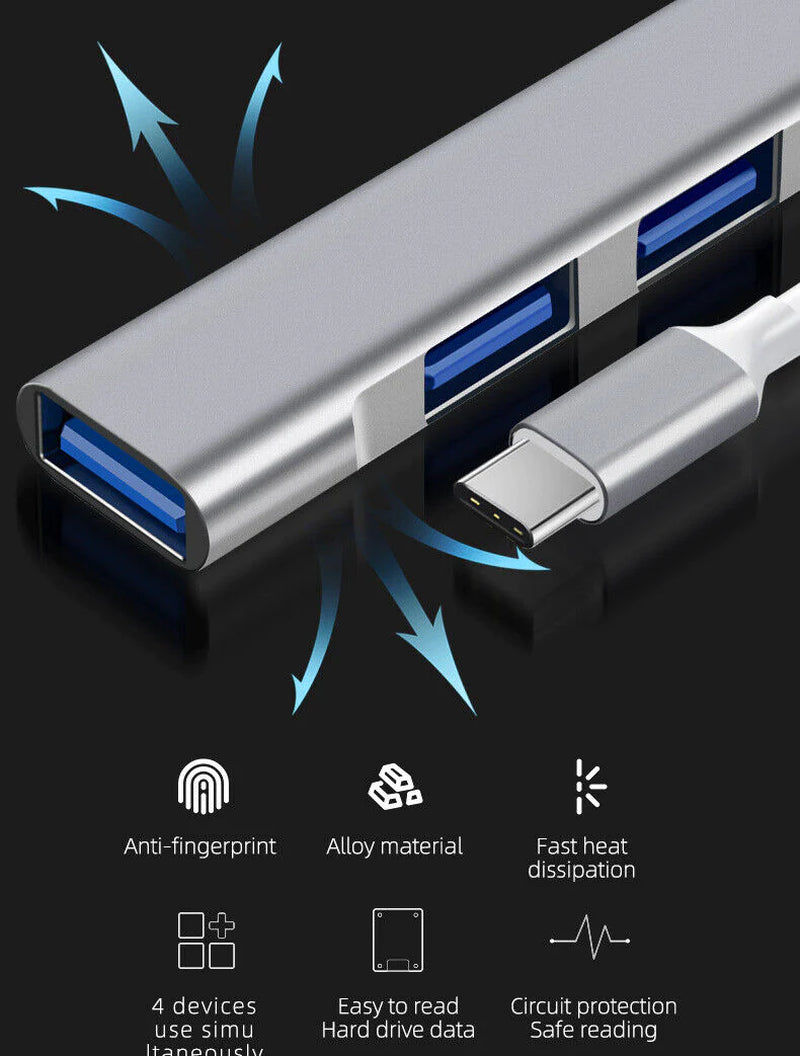 4-Port USB-C Hub Splitter for PC, Mac, iPad & MacBook Pro - USB 3.0 Connectivity
