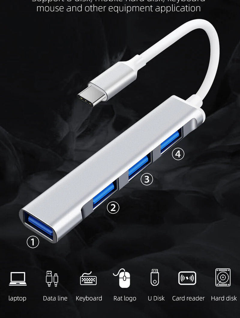 4-Port USB-C Hub Splitter for PC, Mac, iPad & MacBook Pro - USB 3.0 Connectivity