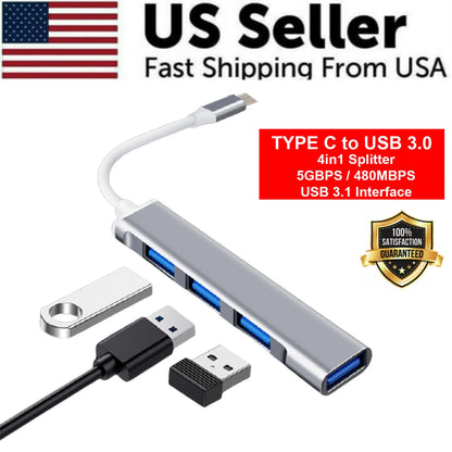 4-Port USB-C Hub Splitter for PC, Mac, iPad & MacBook Pro - USB 3.0 Connectivity
