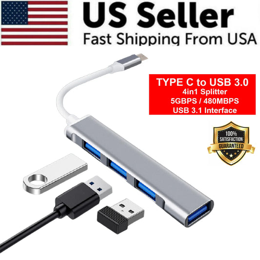 4-Port USB-C Hub Splitter for PC, Mac, iPad & MacBook Pro - USB 3.0 Connectivity
